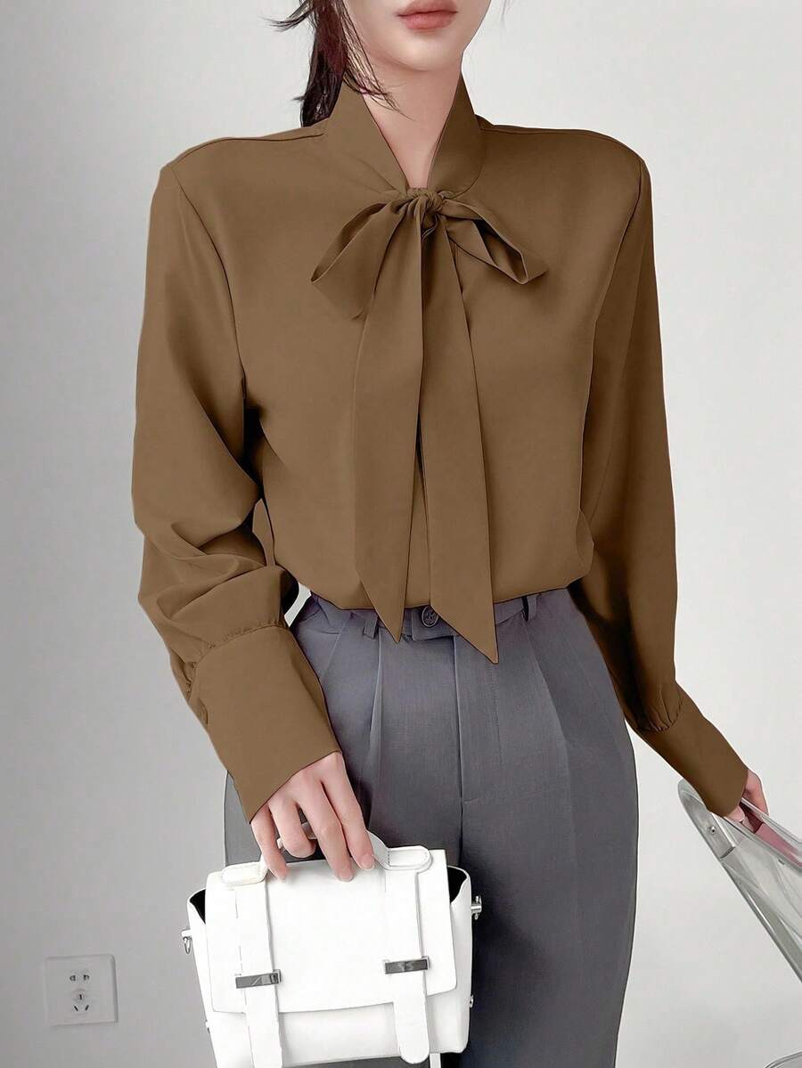 EMERY ROSE Áo sơ mi cổ buộc màu trơn thanh lịch cho đi làm, mùa thu - màu nâu - Xem 1