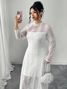 Modelyn Vestido elegante y romántico de manga larga, de punto con malla transparente y fluida, de talla grande, color negro - Blanco - Ver 1