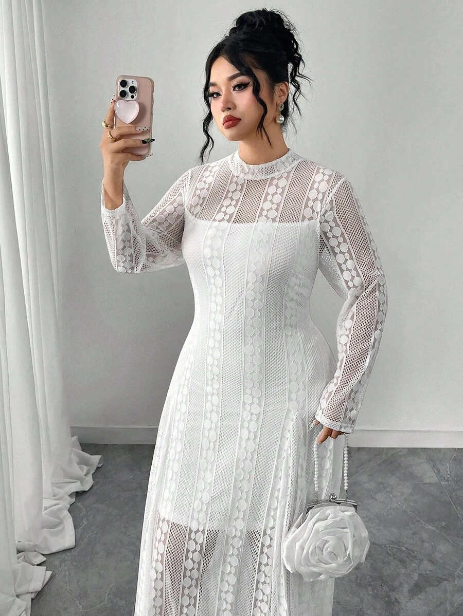 Modelyn Vestido elegante y romántico de manga larga, de punto con malla transparente y fluida, de talla grande, color negro - Blanco - Ver 1