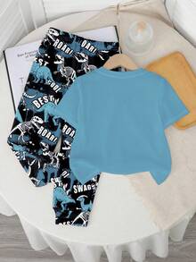 SHEIN 2件套年轻男孩休闲恐龙和卡通动物印花Y2K街头风格圆领短袖T恤和裤子 - 白色 - 查看 3