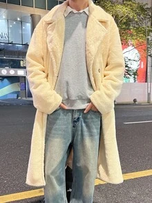 Manfinity Hypemode Men's Casual Versatile Solid Color Double-Breasted Overcoat, Autumn/Winter Cream Men Long Coat - Beige - View 4