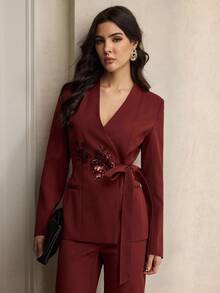 ZEYLAH Chaqueta blazer de mujer con mangas largas, unicolor, con decoración de lentejuelas florales y lazo lateral, para otoño - Rojo - Ver 5