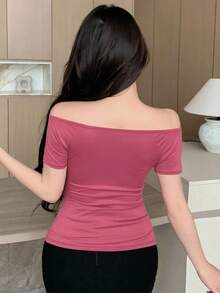 DAZY 休闲简约纯色裹身短袖双面穿T恤外出上衣 女款 - 粉色 - 查看 2