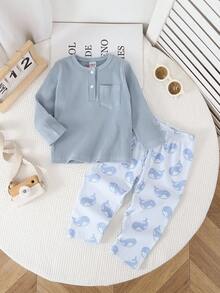 两件套幼儿男童休闲卡通鱼印花针织圆领开衫睡衣套装 - 彩色 - 查看 6