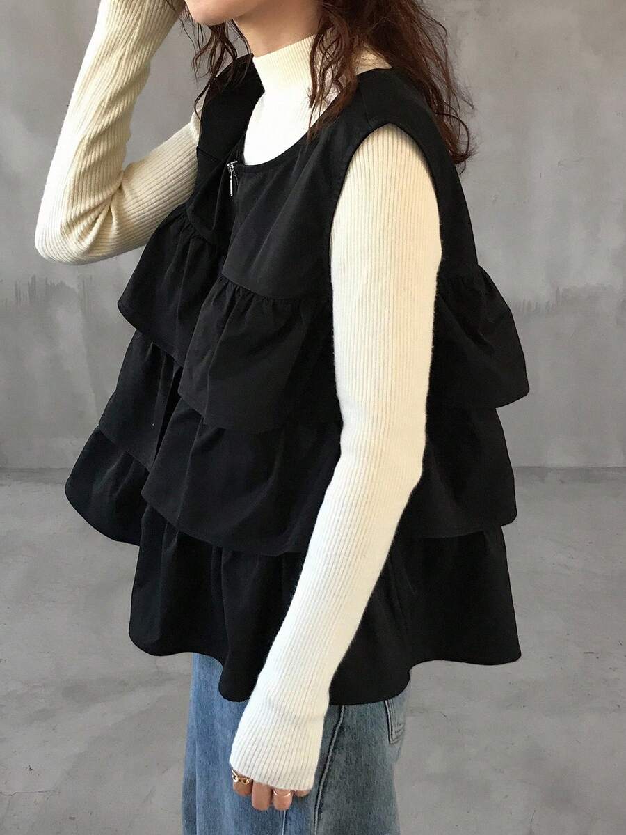 FRIFUL Women's Casual Solid Color Ruffle Hem Sleeveless Jacket, Summer Women Coats - Black - View 1