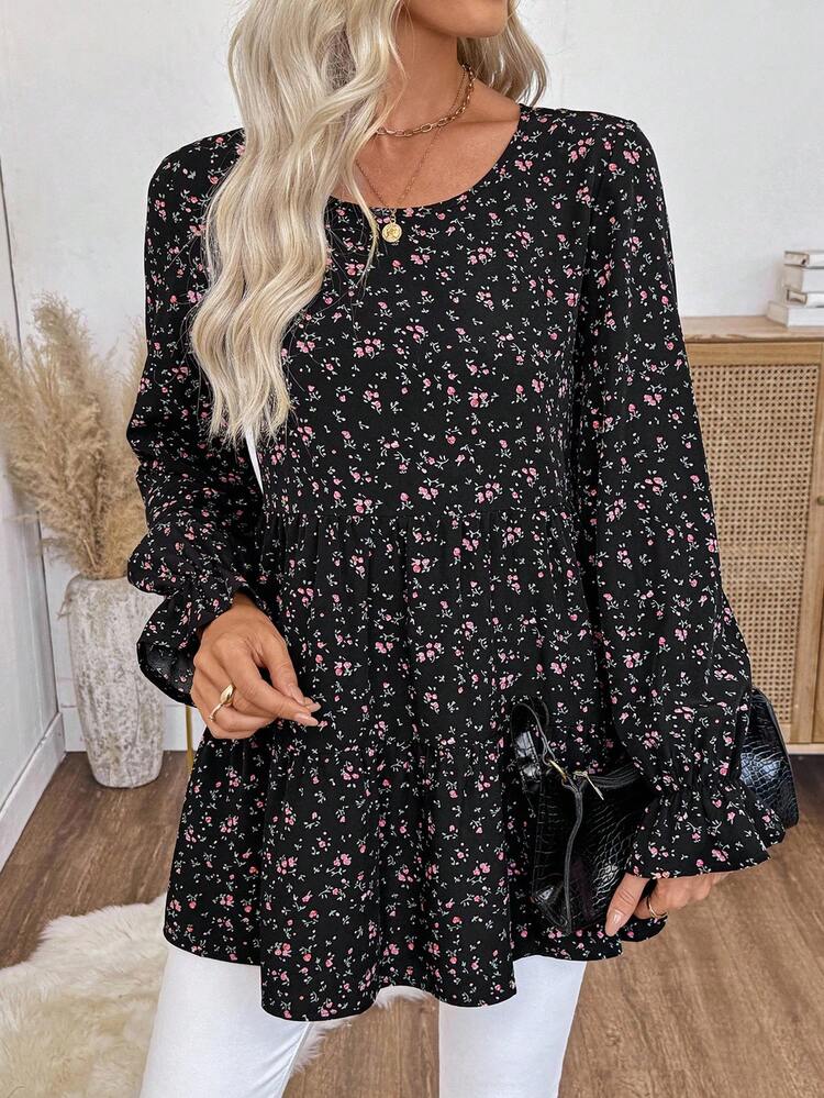 Women's Round Neck Long Sleeve Black Floral Ditsy Blouse,Autumn Boho Brunch Clothes,Loose Casual Versatile Ruffle Hem Tops