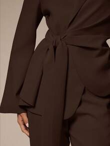 Silquee Áo khoác vest buộc eo màu trơn thanh lịch, thích hợp mặc đi làm thời trang thu đông cho nữ - Cà phê nâu - Xem 7