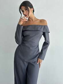 Firerie Novo conjunto feminino de blusa de manga comprida com ombros de fora e calças largas de chiffon floral azul-escuro, roupa sexy e elegante para o dia a dia/deslocamento, conjunto azul-escuro, primavera/verão, roupa de praia, deslocamento, elegante, sexy, traje de trabalho - Azul - Ver 6