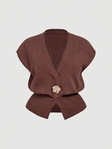 SHEIN MOD Plus Size Deep V-Neck Sleeveless Cardigan Knit Top, Elegant Work Wear In Fall/Winter