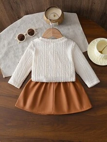 SHEIN Autumn New Fashion Chic Baby Girls 2pcs Set: Knitted Jacquard T-Shirt With Bow Decor + A-Line Skirt Fall Winter - Apricot - View 3
