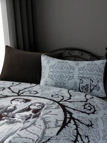 Corpse Bride X SHEIN 3pcs Vintage Cartoon Figure Graphic Duvet Cover Set, Brushed Fabric, Soft & Warm, Black Duvet Cover, Multiple Sizes Fit Twin/Full/Queen/King Bed, Goth - Grey - View 4