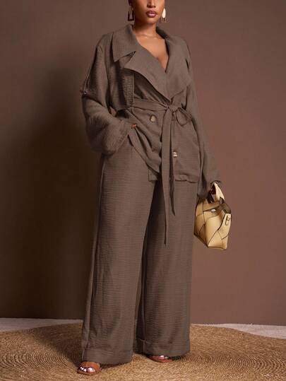 Veslaya 2025 Spring/Autumn New Elegant Commute & Casual & Party Loose Solid Khaki Long Sleeve Lapel Collar Metal Buckle Belt Thin Jacket And Wide Leg Long Pants With Pockets Women Plus Size 2-Piece Set/ Winter