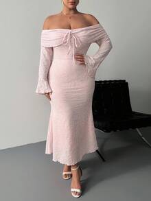 SHEIN PETITE CURVE 大码女式露肩修身长袖喇叭袖优雅连衣裙 - 粉色 - 查看 3