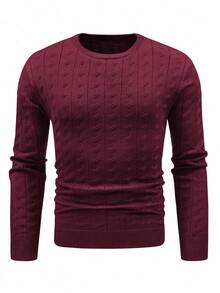 Manfinity Homme 男士休闲纯色绞花针织圆领毛衣，秋冬季长袖上衣 - 酒紅色 - 查看 3
