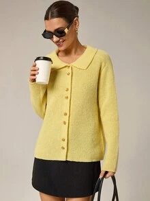 Qadelle Women's Loose Casual Cardigan, Autumn/Winter - Yellow - View 4