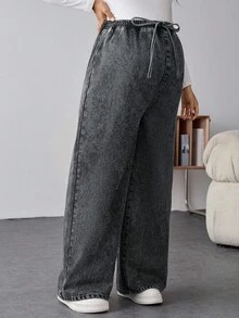 SHEIN Maternity Elastic Waist Wide Leg Jeans, Casual For Autumn Winter Christmas New Year Thanksgiving Commuting Vacation Graduation Chic Y2k Christmas Warm Cute Streetwear Birthday Party Wedding Elegant Business Casual Woman Thermal Lined Jeans Cozy Thermal Lined Women's Sweatpants Dark Gray Elastic Waist Drawstring Wide Leg Warm Winter Lounge Pants For Ultimate Comfort - Black - View 6
