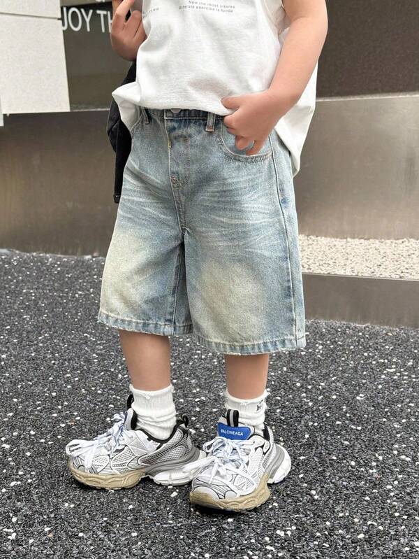 SHEIN 婴儿/男婴都市街头酷炫风格韩版时尚石洗复古猫须宽松百慕大蓝色牛仔长短裤，百搭休闲婴儿秋季服装，男童街头装，男童返校服