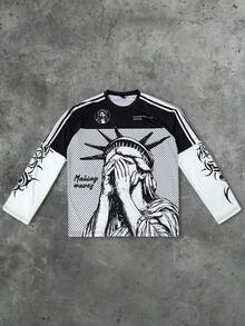 ROMWE MEN Prep Men's Casual Fashion Street Statue Of Liberty & Striped Print Color Block 2 In 1 T-Shirt, Spring/Autumn - White - View 3