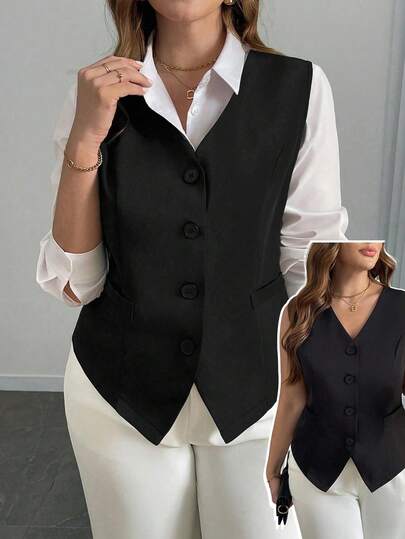 Elenzga Plus Size Women's Single-Breasted Sleeveless Vest, Elegant Black Waist Cinched Blazer Vest, Stylish For Work, Party, Casual Business Wear Brown Blazer Women Women Vest Plaid  Chaleco Para Mujer Gilet Plaid Print Front Button Closure Elegant Long Sleeve Blazer Plaid Blazerblazer Oversize Fall Cloth For Women Work Wear Women Business Professional Women Work Outfits For Women Office Wear Women