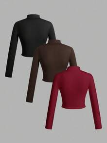 Slaydiva 3pcs/Set Women's Simple Casual Autumn/Winter V-Neck Zipper Tight Long Sleeve T-Shirts, White+Black+Grey,Red Top