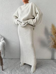 Drop Shoulder Sweater & Knit Skirt Without Belt - Beige - View 5