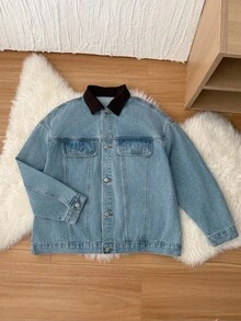 SHEIN Tween Boy Fashion Casual Y2k Vintage Cool Street Returns To School College Boy Streetwear Comfortable Old Money Style Blue Denim Patchwork With Dark Coffee Velvet Collar Loose Lapel Long-Sleeved Jacket For Kids Soft Dailywear And Kids Winter And Fall Rave Festival And At Home Streetwear School Kids Blue Jean Jacket - Blue - View 4