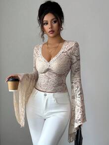 Elenzga Women's Fashionable Sexy Lace V-Neck Bell Sleeve Slim Fit Blouse Yasmin Yasmina - Apricot - View 5