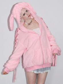 ROMWE Kawaii Rabbit Ear Bow Lace Trim Ribbon Decor Women Sweatshirt - Pink - View 4