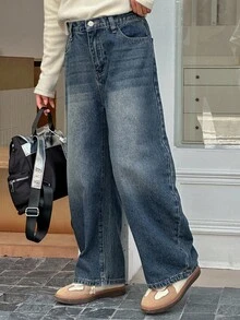 Dazy Kids Tween 女童休闲破洞喇叭牛仔裤 - 深色水洗藍 - 查看 7