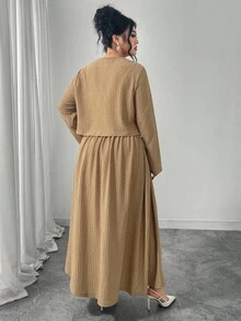 Modelyn Textured Fabric Shirt Collar Button Down Long Sleeve Skirt Elegant Luxurious Socialite Style Plus Size 2 Pieces Set - Khaki - View 2