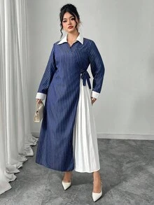 Modelyn Plus Size Women Elegant Striped Patchwork Pleated Long Shirt Dress - Blue - View 6