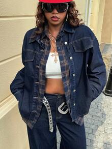 Jeanoix 大码女式时尚休闲百搭水洗牛仔夹克 - 深色水洗藍 - 查看 3