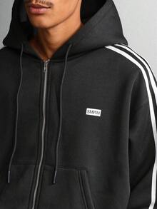 SUMWON 全拉链连帽衫，带饰带细节，短款运动风格，轻便休闲，春秋都市街头风 - 黑色 - 查看 4