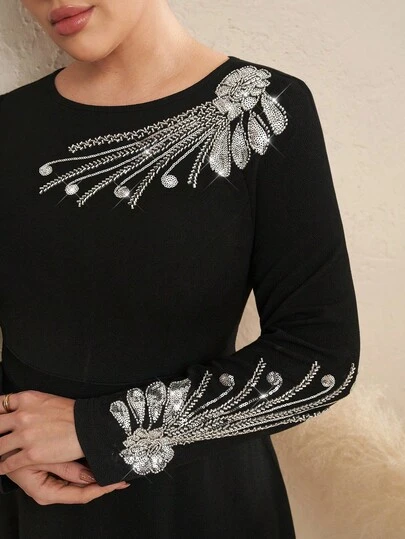 Chikora Curvy Plus Size Women's Romantic And Elegant Sequin Floral Decor Round Neck Long Sleeve Elegant Dress Elegant
,Curvy Plus Size Women's Black High-Quality   Fabric Round Neck Knitted High Elastic Fabric , Long Sleeve Black Dress, Sequin Decoration Dress, Bodycon Midi Dress, Elegant Black Midi Dress,Fall Clothes For Women,Winter Clothes For Women,Fall Clothes Plus Size ,Winter Clothes,Autumn, Winter Outfit For Women,Night Out,Going Out Outfit , Old Money Style Women,Suitable For Multiple Occasions,Halloween,Christmas,Fall Dresses For Women,Winter Dresses For Women ,Fall Wedding Guest Dress,Autumn Dress, Homecoming Dress ,Hoco Dressses, Date Night Outfits Women,Going Out Dress, Date Night Outfit,Wedding Guest Dress Women,Mother Of The Bride Dresses For Wedding, Formal Dresses For Wedding Guest,Dresses For Wedding Event , Fall Wedding Guest Dress,Wedding Guest Dress Elegant,Party Dress