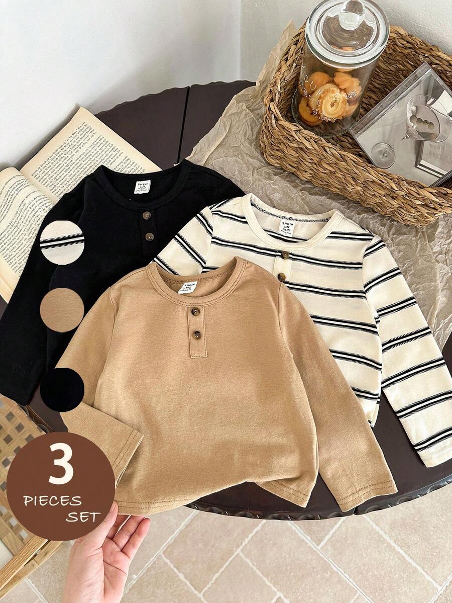 LMoss Kids LMoss   3pcs Baby Boy Knitted Solid Striped Crew Neck Top Set,Herbst Outfit,Long Sleeve Shirts,Long Sleeve Tops,T-Shirt Fall Winter