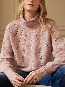 Écloséra 复古纯色高领钩针休闲长袖套头毛衣 - 藕粉色 - 查看 4