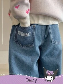 DAZY HELLO KITTY AND FRIENDS | SHEIN 年轻女孩休闲心形和卡通图案松紧腰牛仔裤 - 淺色水洗藍 - 查看 2