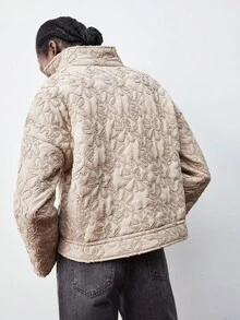 Maija 女士休闲纯色花卉刺绣夹克，秋冬 - 棕色 - 查看 3