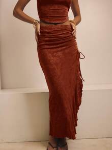 SHEIN Aralina-F Váy maxi nữ dáng suông, cạp cao, xếp ly, có dây rút bên hông và xẻ tà, thích hợp cho kỳ nghỉ. - Màu Đỏ Sâu - Xem 2