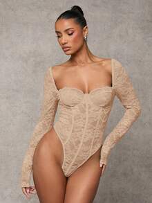 SHEIN BAE 黑色性感蕾丝内衣，迷人的长袖透明紧身衣，适合日常穿着、约会和夜间外出 - 卡其色 - 查看 6
