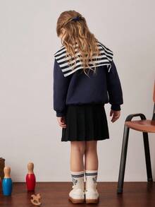 PrepCrw Young Girls' Collegiate Style Round Neck Sweatshirt/Shawl Set Fall Winter - Blue and White - View 2