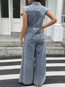 DAZY Women's Autumn Collared Sleeveless Waist Denim Jumpsuit Overalls Y2k - Blue - View 2