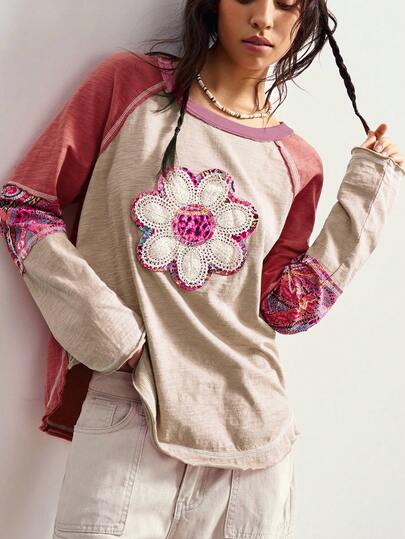 Bohemela Plus Size Women Floral Applique Contrast Color Round Neck Raglan Sleeve Casual T-Shirt