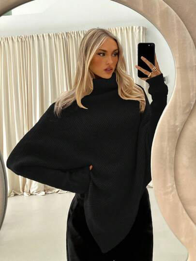 Aloruh Women's New Off-Shoulder Wrap Extra Long Sweater, Milky White, Autumn/Winter,Fall,Black Top