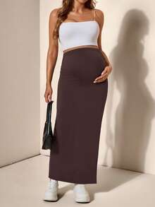 SHEIN 可调节腰部合身孕妇裙，侧开衩 - 棕色 - 查看 3