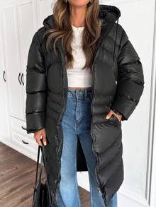 SHEIN Cottnline Women Solid Color Zipper And Pocket Detailed Long Winter Coats - Black - View 7