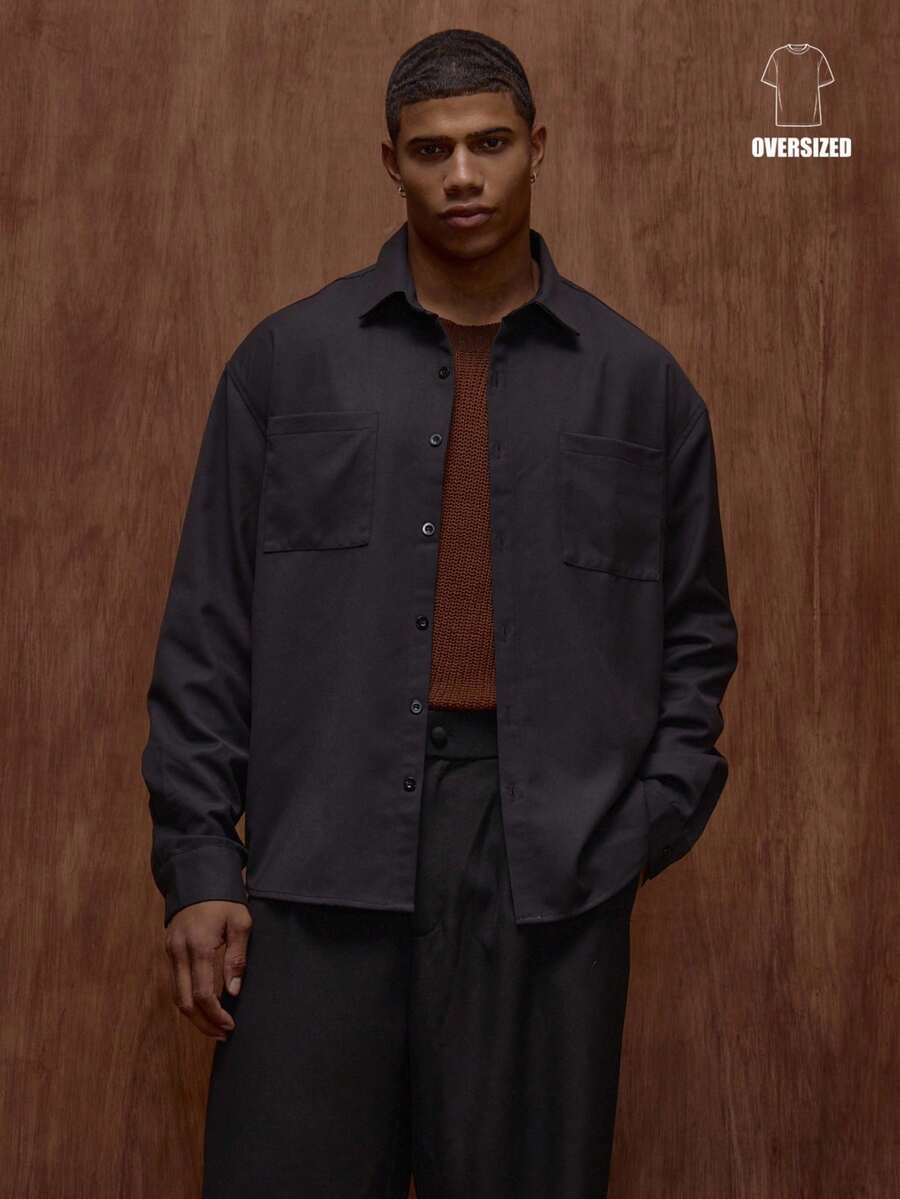 Musero Men Long Sleeve Oversized Button Through Front Chest Pocket Detailing Shirt Fall/SPRING SUMMER Clothes Basics - Black - View 1