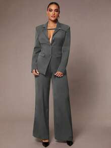 Silquee Conjunto de traje elegante de oficina para mujer, unicolor negro, diseño ajustado con blazer avanzado + pantalones anchos simples. Conjunto de traje adecuado para Acción de Gracias, Navidad, Año Nuevo. Traje de pantalón ancho para mujer.