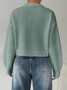 EMERY ROSE Women's Solid Color Simple Casual Crew Neck Long Sleeve White Sweater - Mint Green - View 2