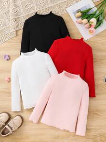 SHEIN LMoss Kids LMoss Young Girl 4pcs/Set Mock Neck Lettuce Trim Knit Fabric Tee, Versatile, Great For Casual Daily Wear & School Daily In Autumn & Winter Fall - Red - View 2